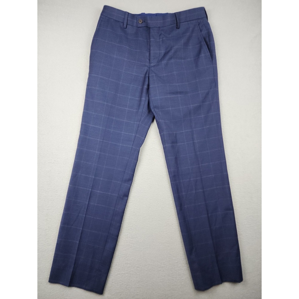 Awear-Tech Kenneth Cole Dress Pants Mens 32x30 Blue Wool Stretch Check Slim Fit